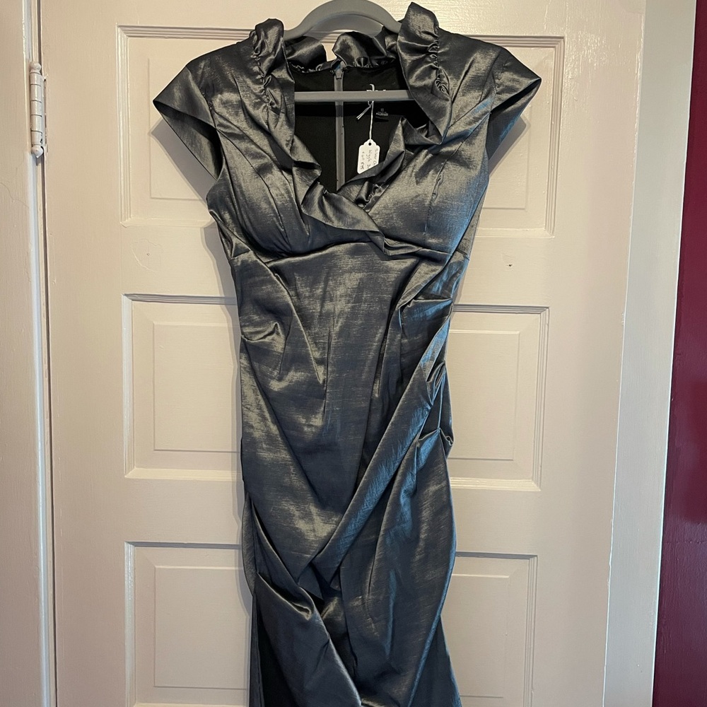 DJ Jaz silver chrome ruffle & ruched wiggle dress